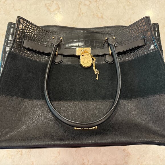 EUC Authentic Michael Kors Black Leather/ Suede / Croc Embossed Hamilton Tote - Picture 6 of 10